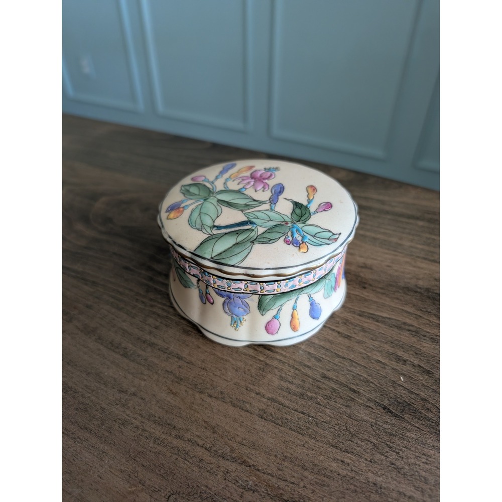 Vintage H.F.P. Macau Trinket Box Cream Floral Jewelry Hand Painted Porcelain Lid